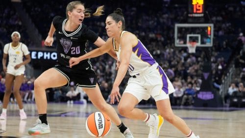 Los Angeles Sparks guard Kelsey Plum, right, drives to the basket against Golden State Valkyries guard Kate Martin during a WNBA preseason basketball game in San Francisco, Tuesday, May 6, 2025.