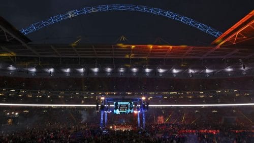 Spectators gather as Britain's Tyson Fury and Britain's Dillian Whyte prepare to enter the ring for a WBC heavyweight title.