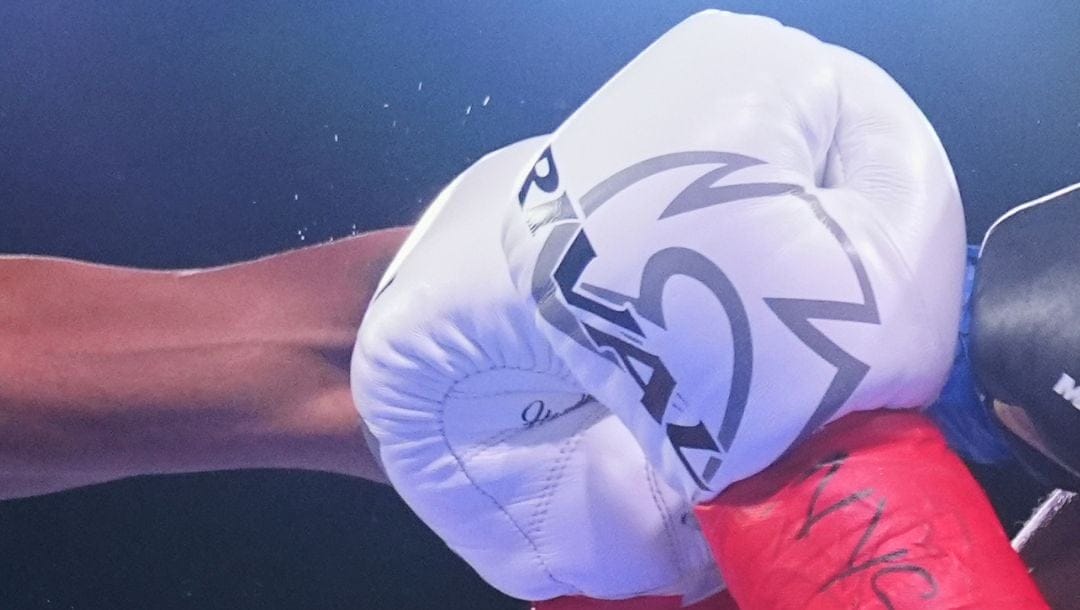 Zaquin Moses, left, punches Carl Rogers during the third round of a super featherweight boxing match Saturday, June 14, 2025.