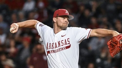 Arkansas pitcher Dylan Carter (31) throws a pitch against Little Rock during an NCAA baseball game on Tuesday, April 22, 2025, in Fayetteville, Ark.