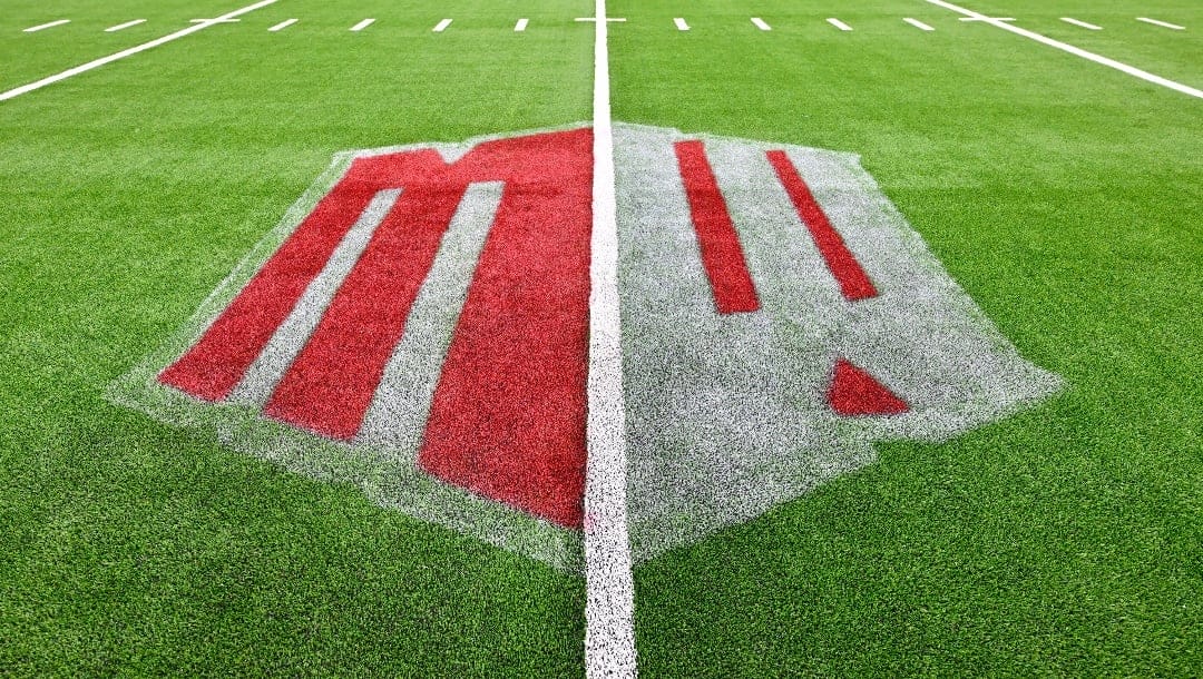 A Mountain West logo is seen on the field before an NCAA college football game between UNLV and Nevada Saturday, Nov. 30, 2024, in Las Vegas. (AP Photo/David Becker)