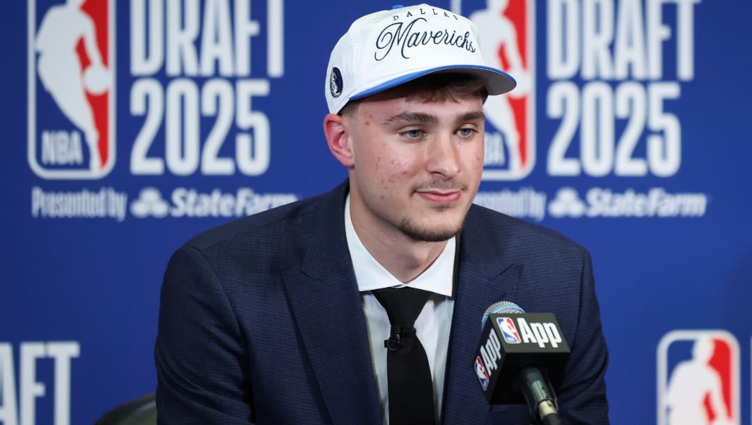 Cooper Flagg of the Dallas Mavericks speaks to the media after being drafted first overall during the 2025 NBA Draft at Barclays Center on June 25, 2025 in the Brooklyn borough of New York City.