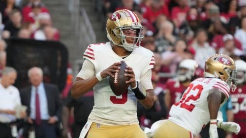 San Francisco 49ers quarterback Joshua Dobbs (5) looks to pass against the Arizona Cardinals during the first half of an NFL football game, Sunday, Jan. 5, 2025, in Glendale, Ariz.