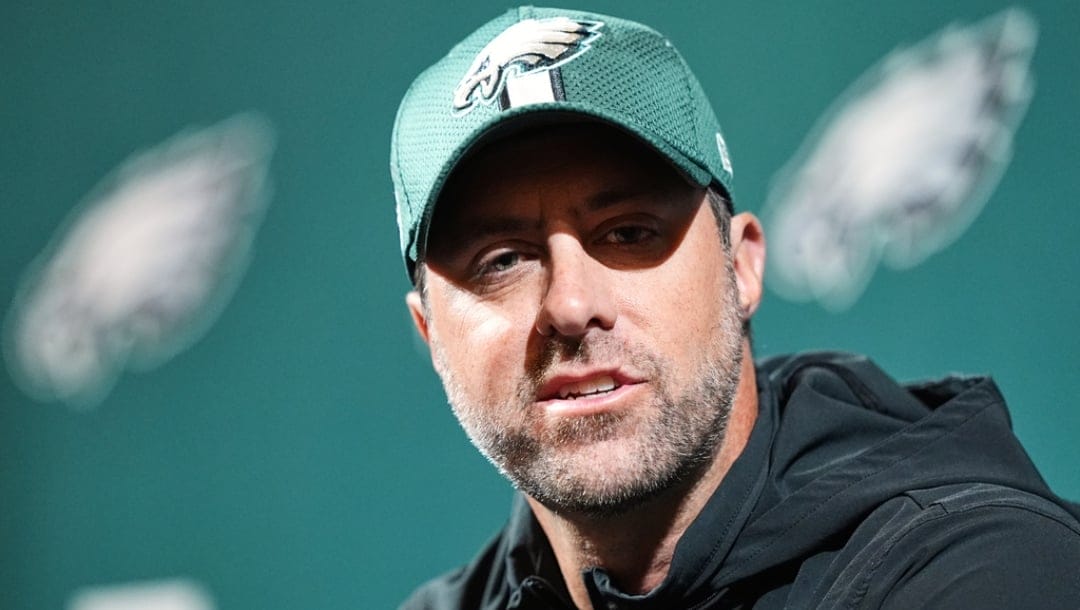 Philadelphia Eagles offensive coordinator Kevin Patullo speaks during a news conference at the team's NFL football training facility in Philadelphia, Wednesday, May 28, 2025.