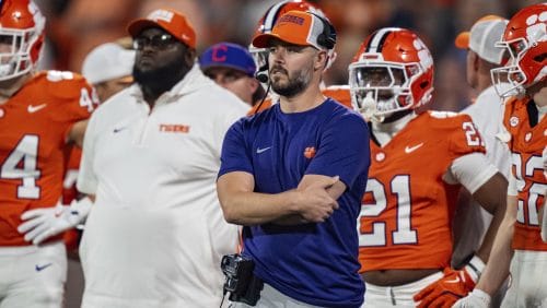 Clemson offensive coordinator Garrett Riley looks on during an NCAA college football game against Louisville Saturday, Nov. 2, 2024, in Clemson, S.C.