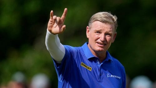 Ernie Els celebrates on the 18th green after winning the Champions Tour Principal Charity Classic golf tournament, Sunday, June 2, 2024, in Des Moines, Iowa. (AP Photo/Charlie Neibergall)
