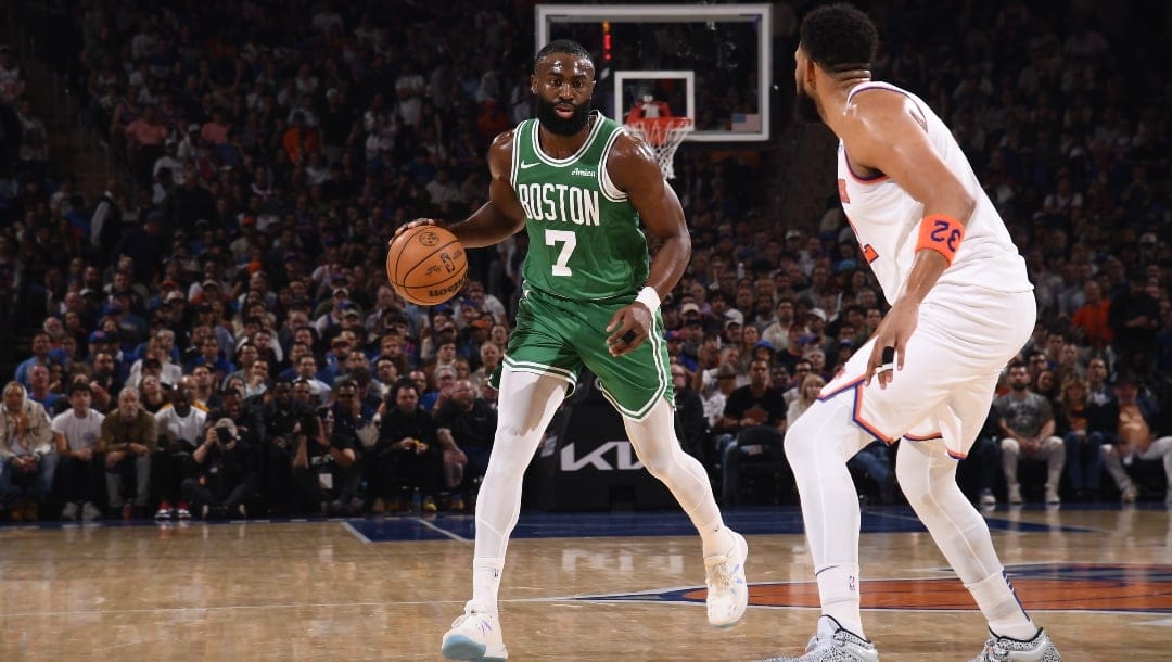 Jaylen Brown #7 of the Boston Celtics handles the ball during the game against the New York Knicks during Round Two Game Six of the 2025 NBA Playoffs on May 16, 2025 at Madison Square Garden in New York City, New York.