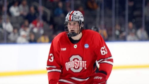 Ohio State's Nathan Lewis (63) in action against Boston University during the first round of the NCAA college hockey tournament on Thursday, March 27, 2025, in Toledo, Ohio.