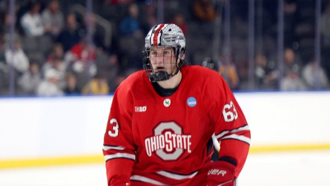 Ohio State's Nathan Lewis (63) in action against Boston University during the first round of the NCAA college hockey tournament on Thursday, March 27, 2025, in Toledo, Ohio.