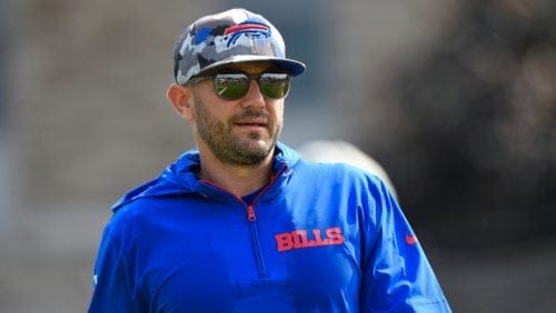 Buffalo Bills defensive coordinator Bobby Babich watches drills during an NFL football training camp practice in Pittsford, N.Y., Sunday, July 28, 2024.