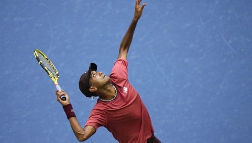 Rajeev Ram, of the United States, serves to Rohan Bopanna, of India, and Matthew Ebden, of Australia, during the men's doubles final of the U.S. Open tennis championships, Friday, Sept. 8, 2023, in New York.