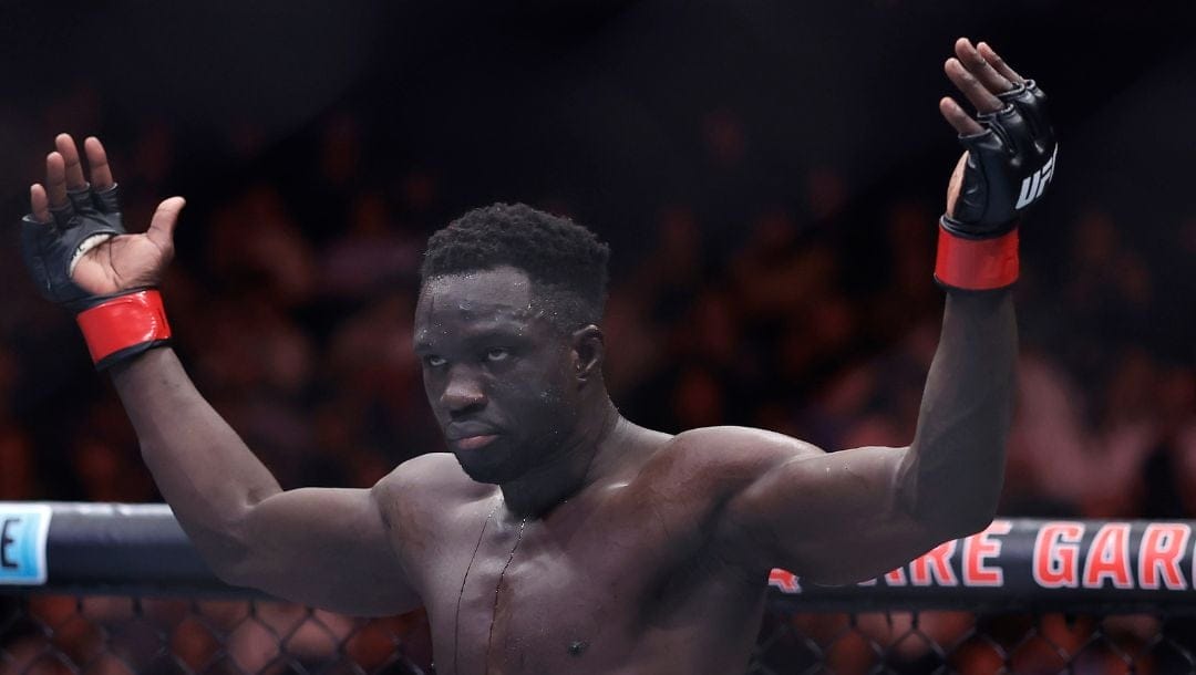 Uganda's David Onama reacts against Mexico's Roberto Romero in a UFC 309 mixed martial arts lightweight title bout.